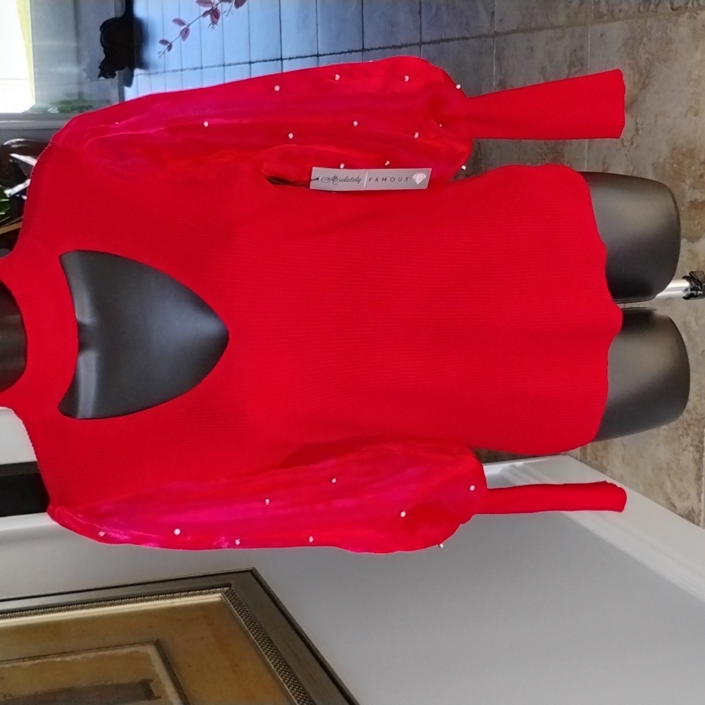 New Absolutely Famous Red V neck Sweater New with Tags size medium Sheer sleeves